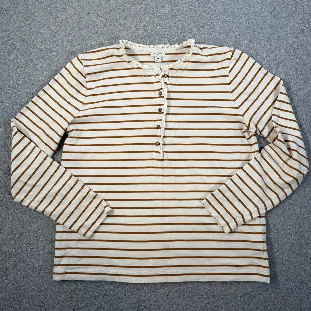J.Crew Size Medium Striped Henley Ruffle Neck Long Sleeve Cotton Top BS211